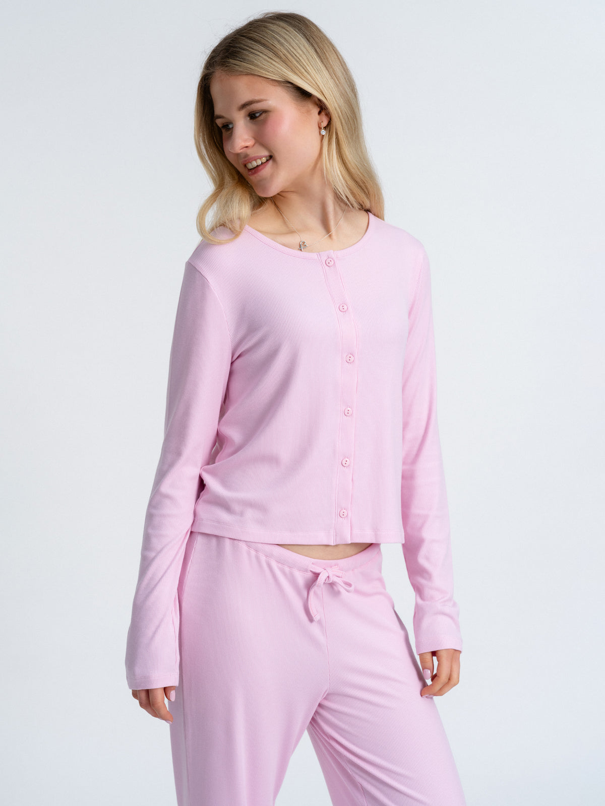 Joluun Emma Schlafshirt Cardigan mit Knöpfen - Damen Pyjama in Soft Rib Modal rose