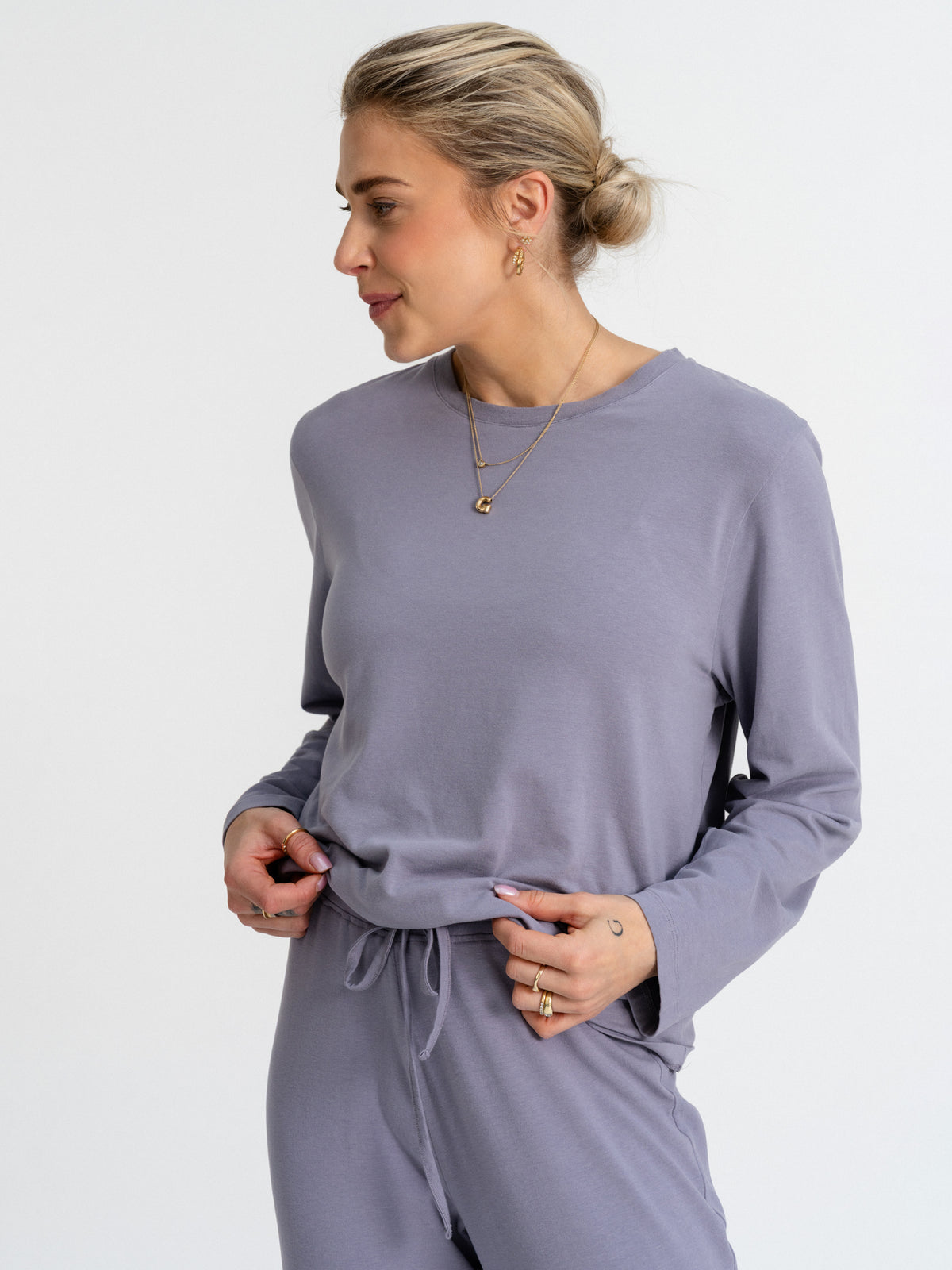 Joluun Kim Langarmshirt weiter Schnitt Velvet Grey - Damen Schlafanzug aus glattem Modal-Baumwoll-Mix