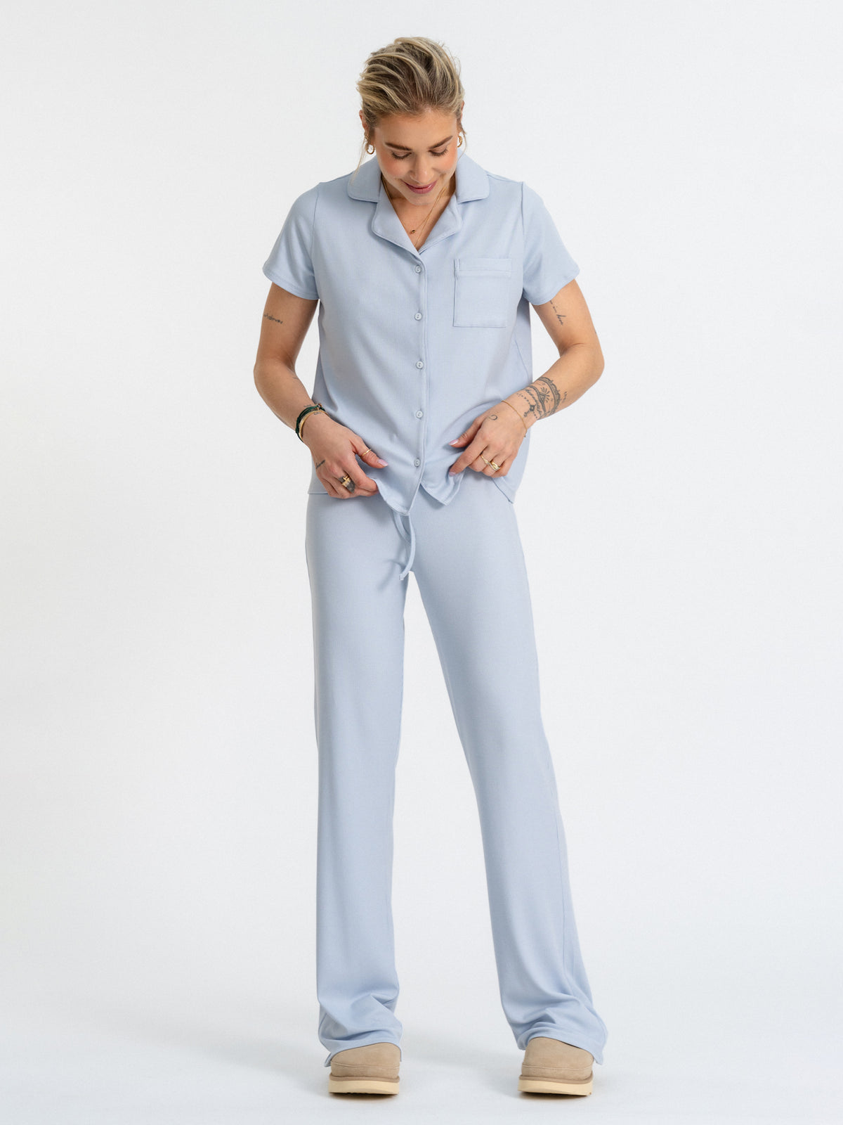 Joluun Kristin Pyjamahose in extra lang Ice Blue - Damen Schlafanzug in edler Modal Rippe