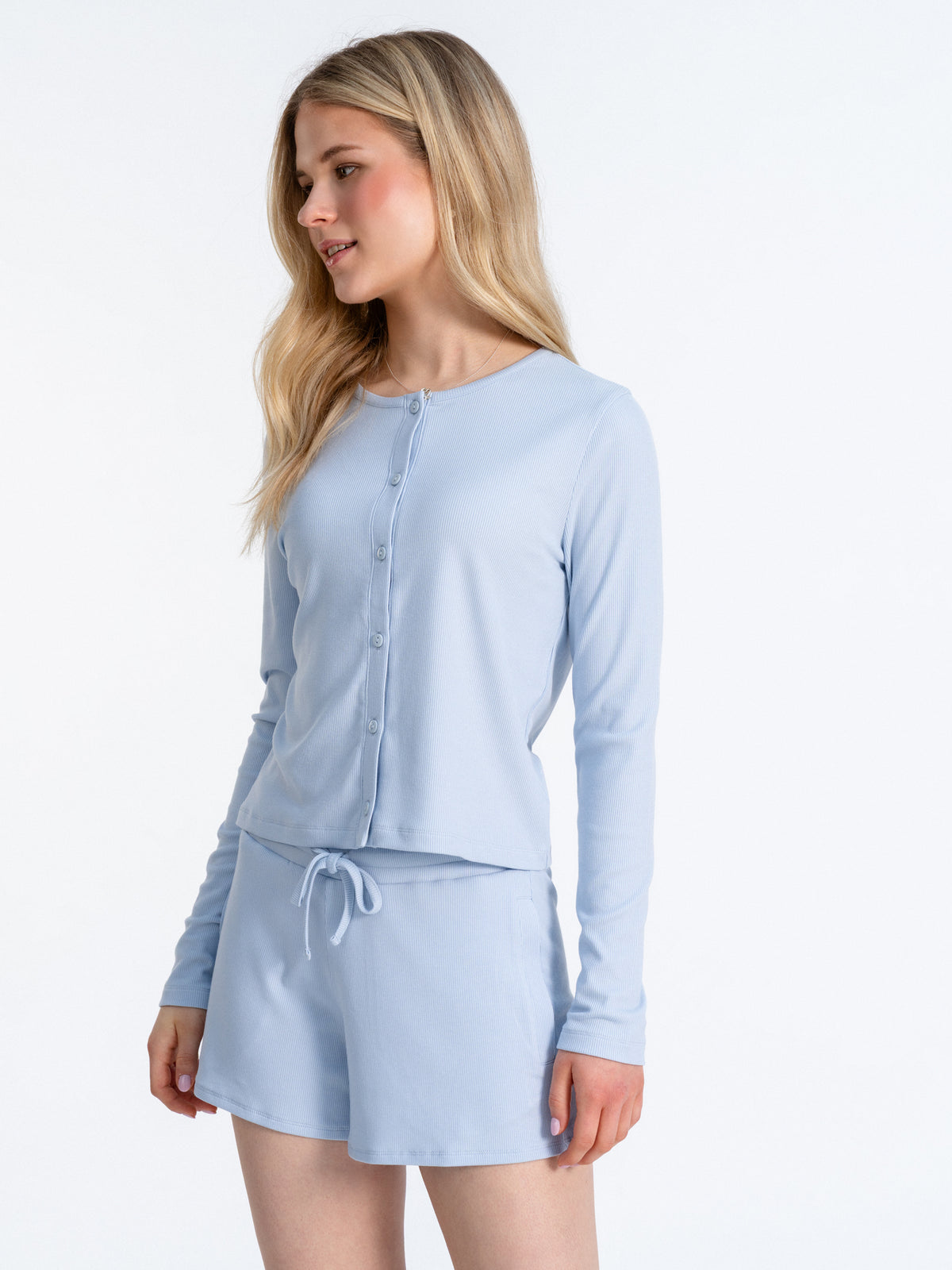 Joluun studio Emma Cardigan hellblau - Damen Pyjama Oberteil Soft Rib Modal