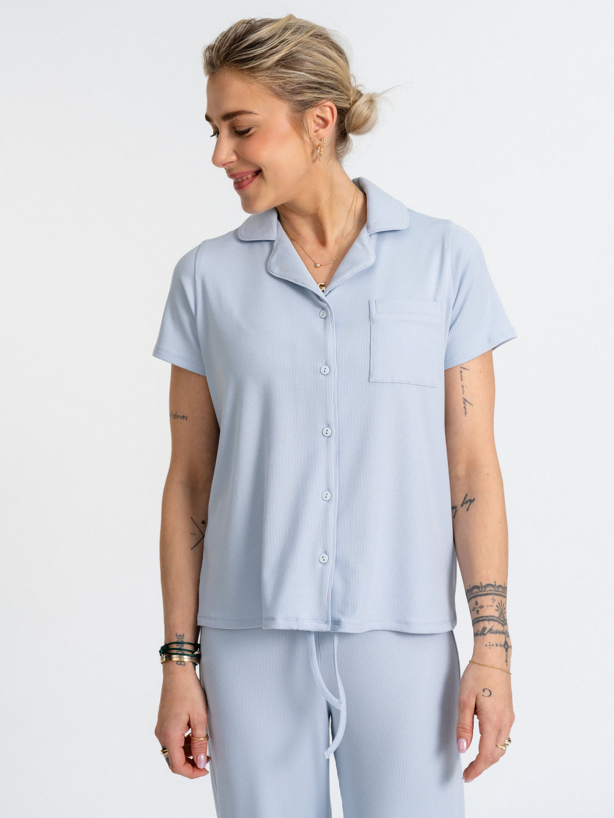Joluun Patricia Pyjamaoberteil mit Revers light blue - Modal Damen Schlafanzug in Soft Rib Modal